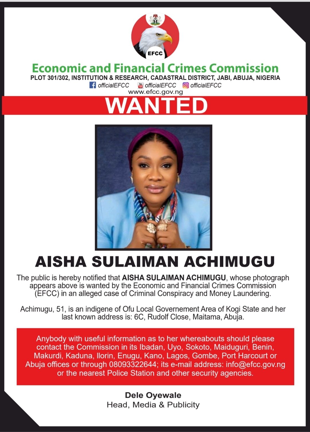 EFCC's Wanted Poster of Aisha Achimugu 