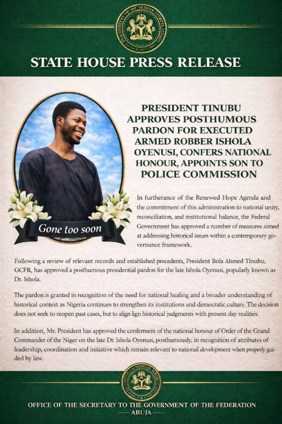 Fact Check: Tinubu Did Not Pardon, Confer National Honour On Ishola Oyenusi